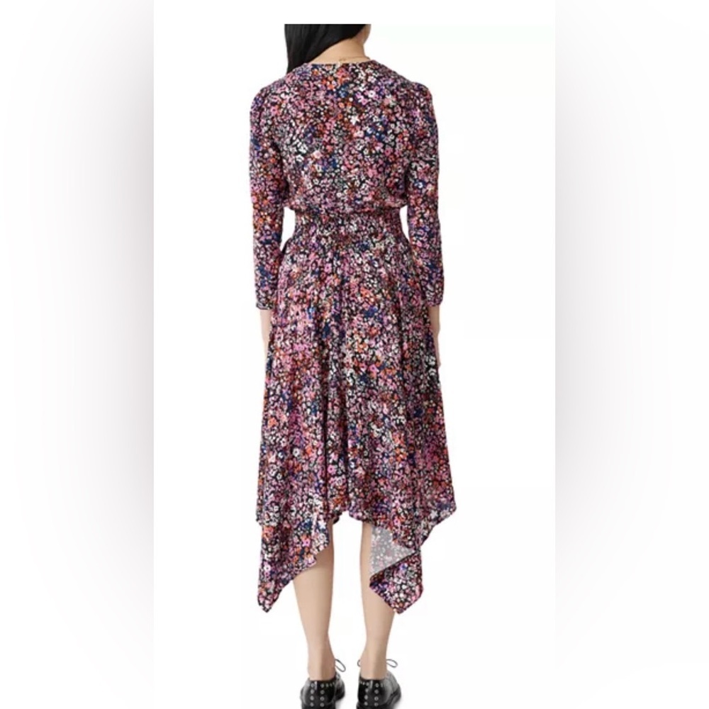 Maje Avianah Floral Asymmetrical Midi Dress Size 38 Black Pink Handkerchief - Picture 2 of 15